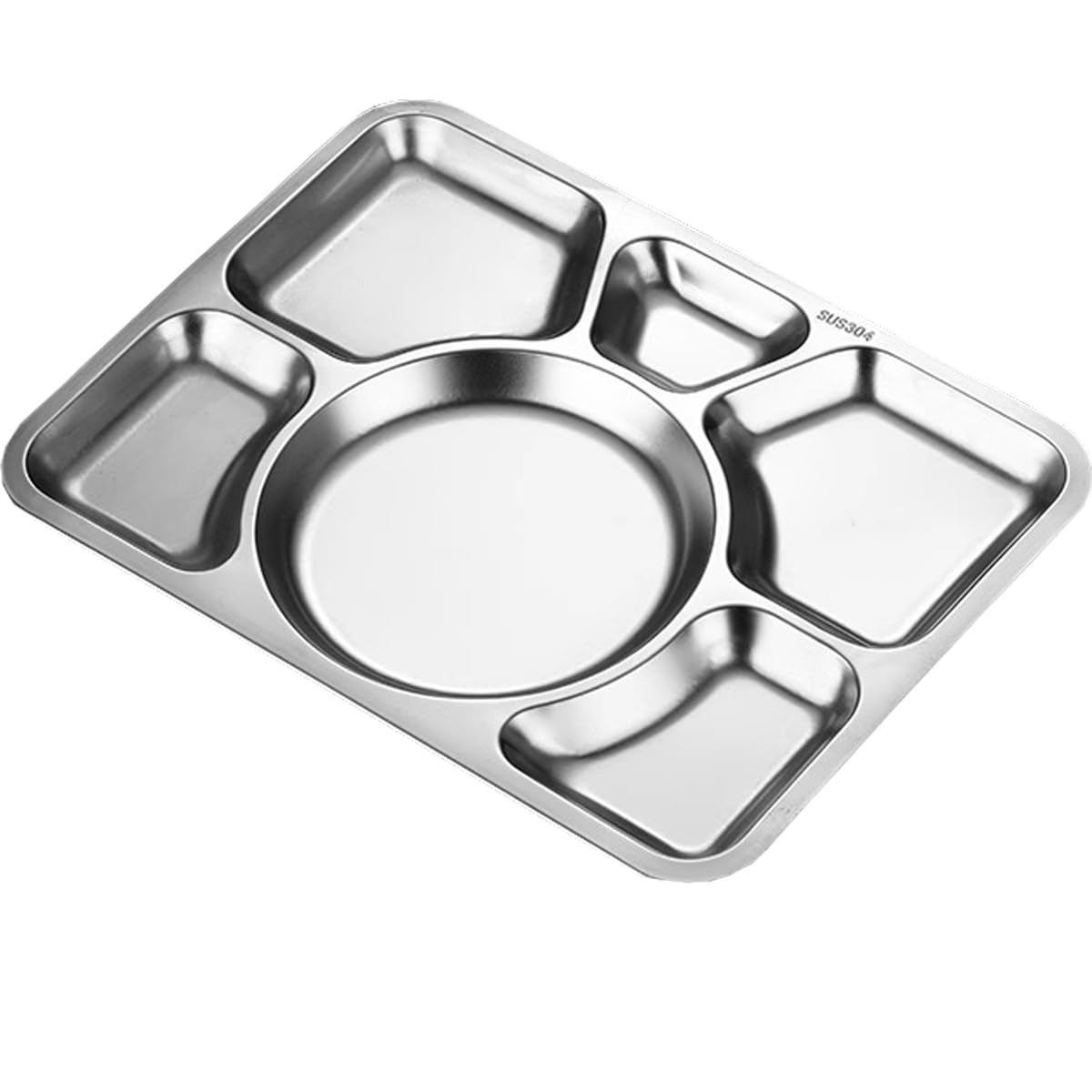 AIYoo 4 Pack Stainless Steel Rectangular Divided Dinner Plates, 6 Sections Large Metal Plate Tray for Adults, Picky Eaters, Campers, and Portion Control