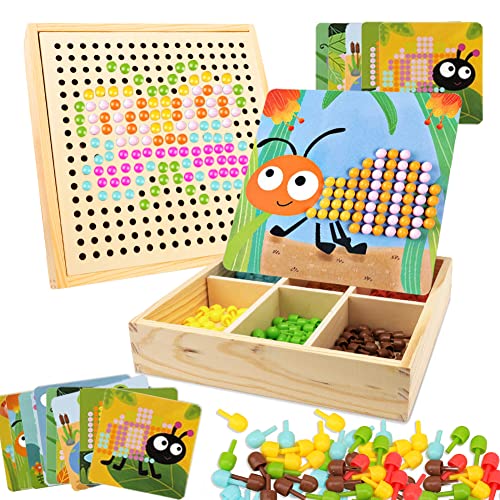 Gohytal Mosaik Steckspiel für Kinder, Spielzeug ab 2 3 4 5 Jahre Holz Mosaik Bastelset Kinder Pegboard Gabelungen mit Steckperlen & Karten Montessori Steckspiel 3D Geschenke für Jungen/Mädchen