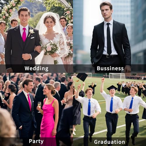 Image of HISDERN Mens Solid Color Ties Formal Satin Necktie and Pocket Square Set Classic Wedding Business Tie & Handkerchief