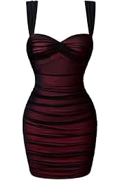 Women's Summer Sexy Bodycon Sleeveless Tank Straps Mesh Ruched Mini Party Dress