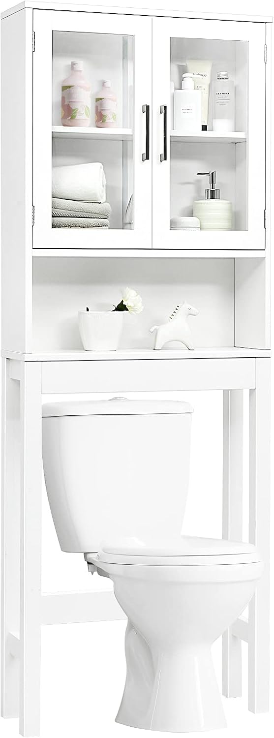 WATERJOY Over The Toilet Storage Cabinet, Bathroom Cabinet Organizer with 2 Moru Tempered Glass Door, Space-Saving Toilet Shelf, White
