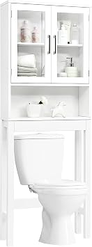 WATERJOY Over The Toilet Storage Cabinet, Bathroom Cabinet Organizer with 2 Moru Tempered Glass Door, Space-Saving Toilet Shelf, White