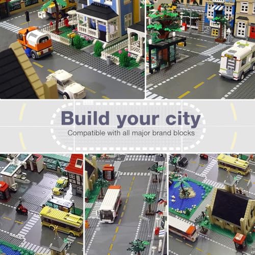 Image of Lekebaby 6 Pack Road Base Plates 10 inchx10 inch City Street Baseplates 100% Compatible with All Major Brands, 4 Curved /1 Straight /1 T-Junction