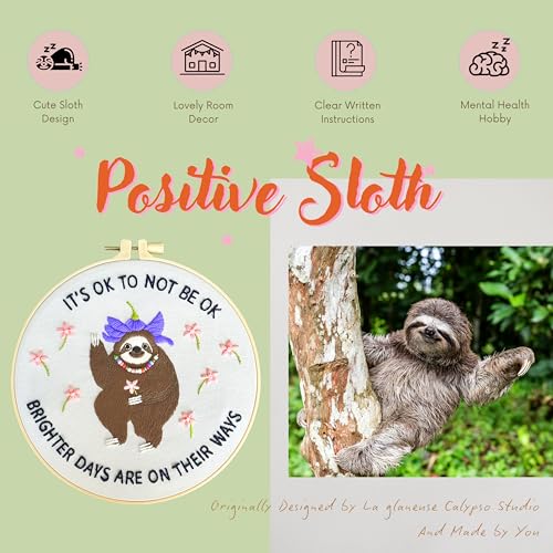 Image of La glaneuse Embroidery Kit for Adult, Beginner Embroidery Kit with Cute and Funny Animal Pattern, Seven Simple Stitches to Get a Positive Sloth, Mental Health and Stress Relief Gift for Him /Her