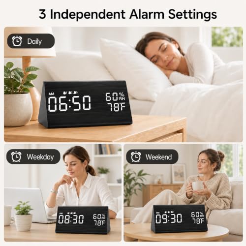 JALL Wooden Digital Alarm Clock for Bedrooms and Office, 3 Alarms with Big Digits, Humidity and Temperature Display, 6-Level Dimmer, Snooze, Loud Desk Clock for Heavy Sleepers, Plug in (Black) - Image 4