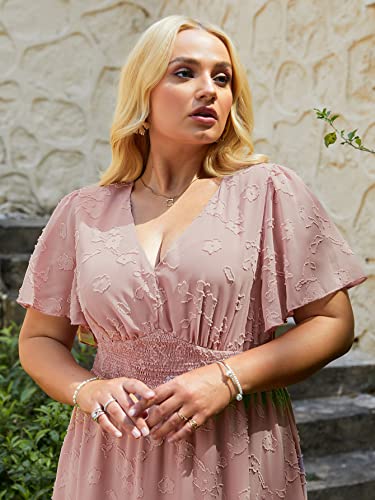 Image of Simplee Women's Plus Size Wedding Guest Dress Short Sleeve Flowy Fall Floral Maxi Dress Boho Maternity Dress for Photoshoot (2XL Pink)