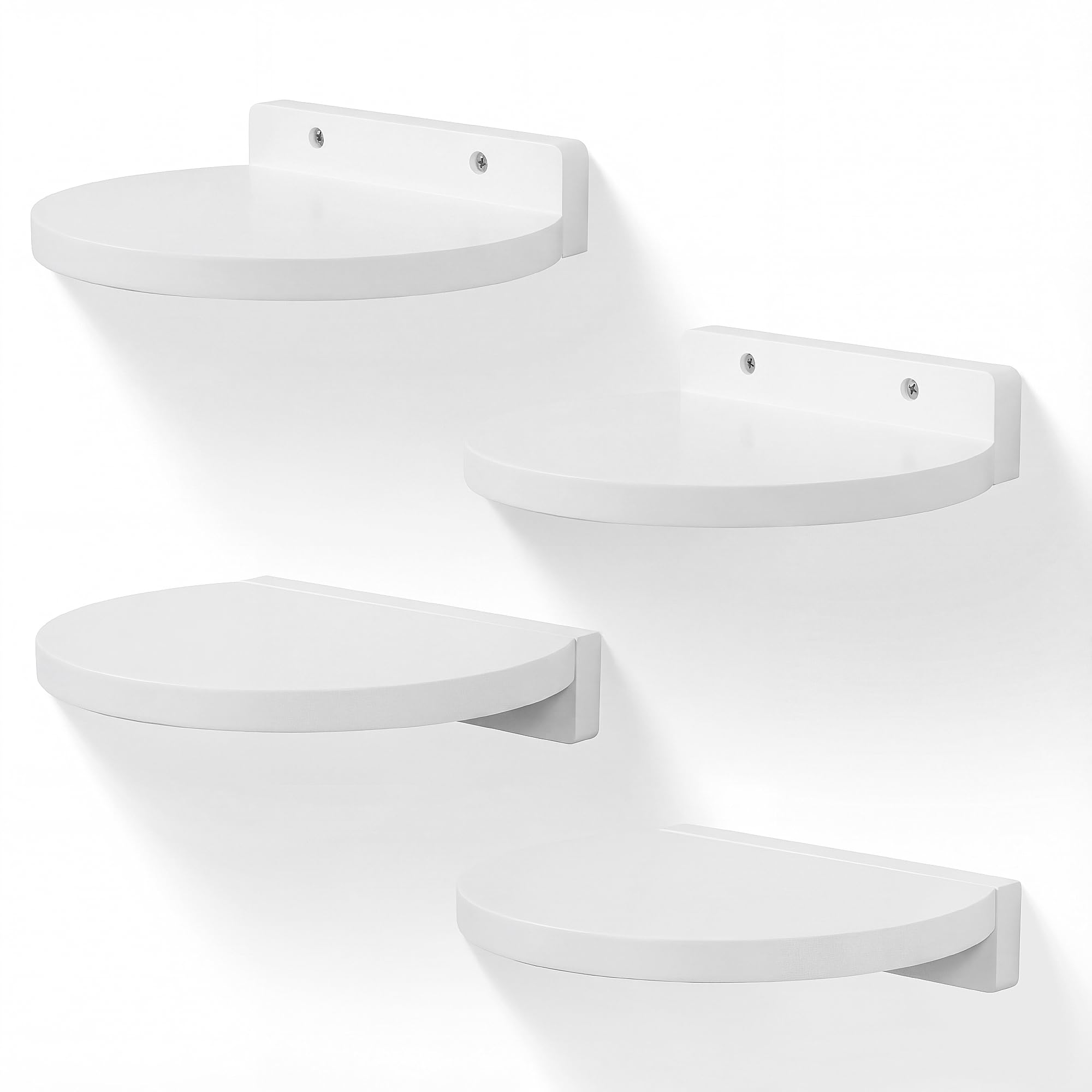 SEEKMOO Round Small Floating Shelves,Mini Wall Shelf for Speaker Plants Storage Display Set of 4,Solid Wood Ledges Elegant for Living Rooms Bedroom Bathroom Offices Home Decor,20CM,White