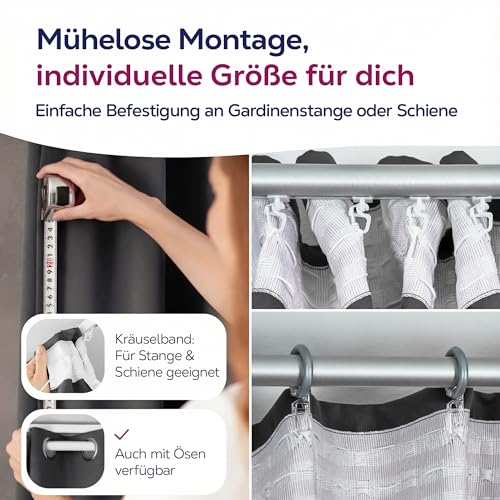 BEAUTEX Verdunkelungsgardine mit Kräuselband U-Band, Blackout Vorhang Blickdicht abdunkelnd, Größe und Farbe wählbar (Breite: 300 cm, Höhe: 245 cm, Dunkelgrau)