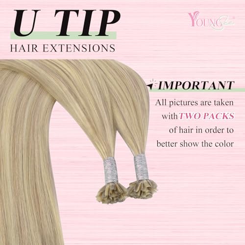 Image of YoungSee U Tip Hair Extensions Human Hair Blonde Highlight Utip Hair Extensions Human Hair Ash Blonde with Platinum Blond Highlight Keratin Hair Extension Remy Hair Ktip Extension 22In 1G /S 50G