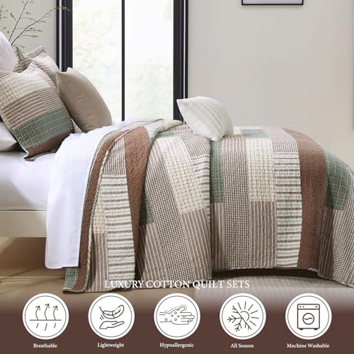 Edredón patchwork King de algodón Uniclinens en marrón y verde para cama elegante 5