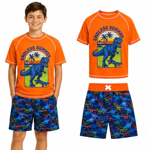 Image of Quad Seven Boys 2-Piece Rash Guard Swimsuit Set Short-Sleeve (Sizes 5-12) | Lightweight Quick-Dry Fabric with Sun Protection, Matching Top & Trunks, Adjustable Drawstring Waist for Pool or Beach Days