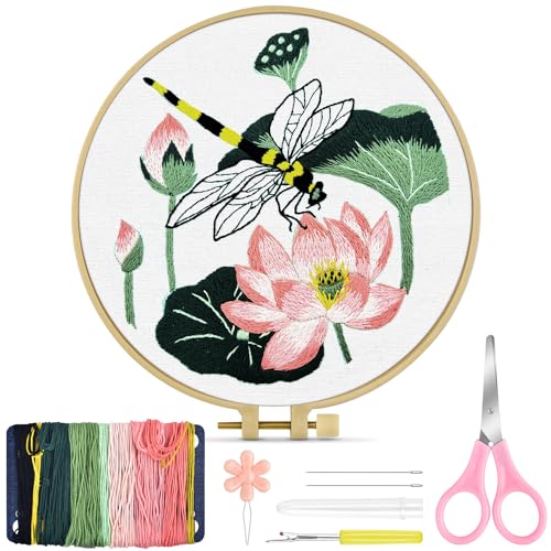 Image of TINDTOP Embroidery Kit for Beginners Adult, Dragonfly Embroidery Kit | Include Embroidery Cloth Hoops Threads for Craft Lover Hand Stitch with Embroidery Skill Techniques (Dragonfly)
