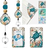Turtle Retractable Beaded Badge Reel with PU Leather Bookmark Set for Readers, Teachers, Students - Stretchy Lanyard for ID Cards, Office, School, Waterproof Book Accessories Gift for Women Men