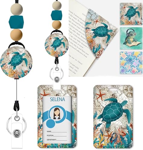 Turtle Retractable Beaded Badge Reel with PU Leather Bookmark Set for Readers, Teachers, Students - Stretchy Lanyard for ID Cards, Office, School, Waterproof Book Accessories Gift for Women Men