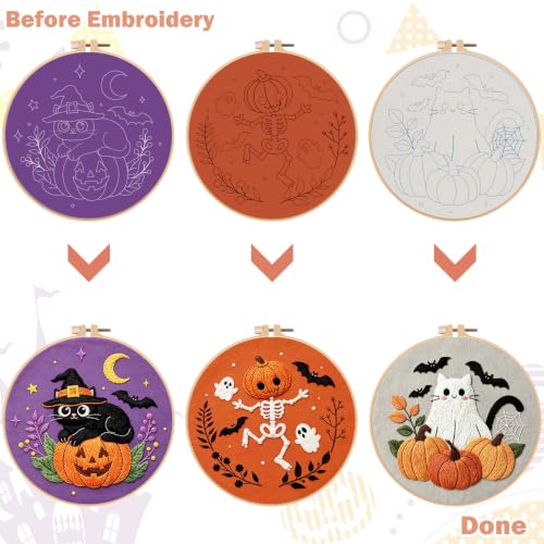 Image of Nuberlic Halloween Embroidery Kit for Beginners, 3 Pcs Easy Embroidery Kits for Adults Starter Cross Stitch Kit DIY Art Crafts Gifts for Women Men Friends, Home Decor