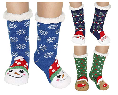 Winter-Weight Thermal Fleece-Lined Cozy Christmas Holiday Sherpa Lined Slipper Socks, 3 Pair Pack