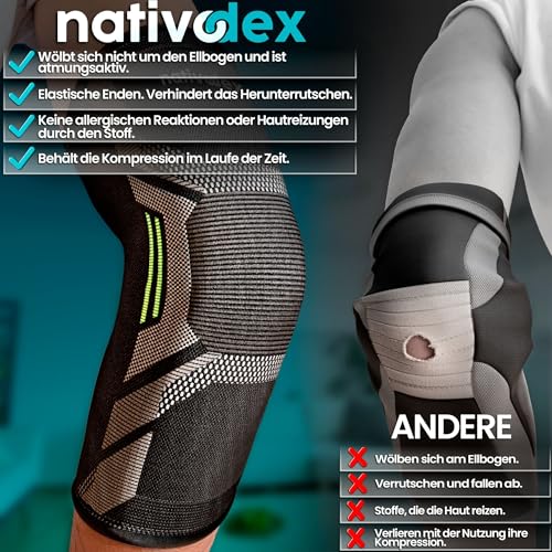 NativoDex Ellenbogenbandage – Kompressionsbandage für Ellenbogen, Bandage für Tennisarm, Golferarm, Sehnenentzündung, Arthrose, Sport - Armbandage Herren und Damen
