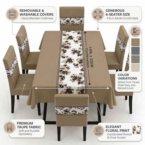 Image of Styleys Dining Chair Cover with Table Covers for Kitchen Waterproof Dining Table Cloth (1 Table Cover + 6 Chair Cover, Light Brown Flower, K723)