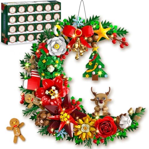 PLAXSOON Adventskalender 2026 Weihnachts-Mondkranz Klemmbausteine mit Licht | 24-Tage Weihnachts-Countdown Bausteine, Mondförmige Wanddeko mit Weihnachtsbaum & Blumen, Geschenk für