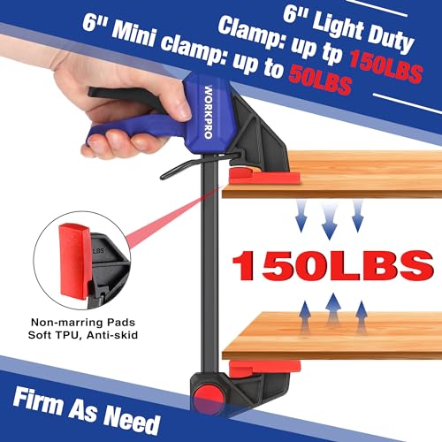 Image of WORKPRO Mini Bar Clamps for Woodworking, 6PC One-Handed Spreader /Bar Clamp, 6-Inch (4) Light-Duty Quick-Change Wood Clamps Set and 6-Inch (2) Mini F Clamp, 150 lbs&50 lbs