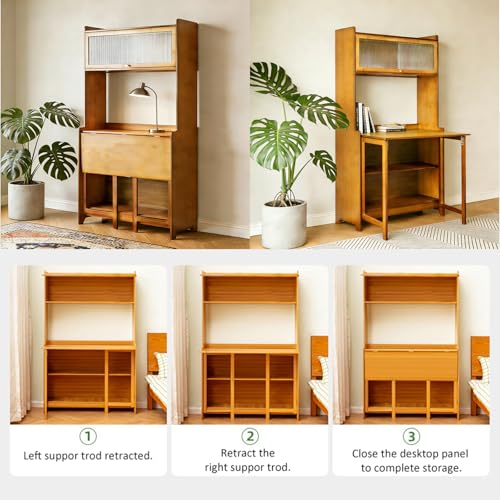 Image of Folding Desk with Storage, Bamboo Foldable Computer Desk for Small Spaces, Small Writing Desk with Shelves for Bedroom Dorm Home Office