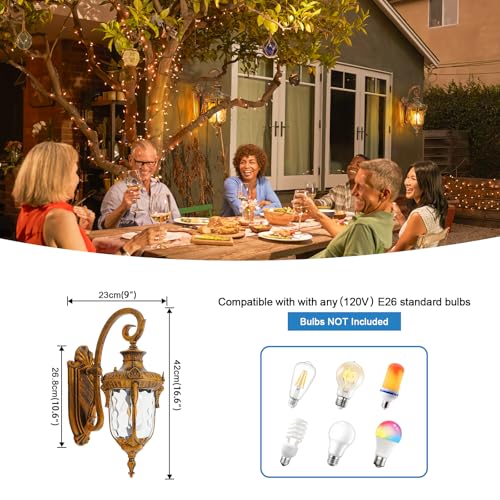 Outdoor Wall Lights, Waterproof Aluminum Porch Wall Light for Outside House, Patio, Yard, Garden, Gold Gooseneck Exterior Wall Sconce, Hardwired Outdoor Acorn Shape Lantern, Water Ripple Glass, 2pack
