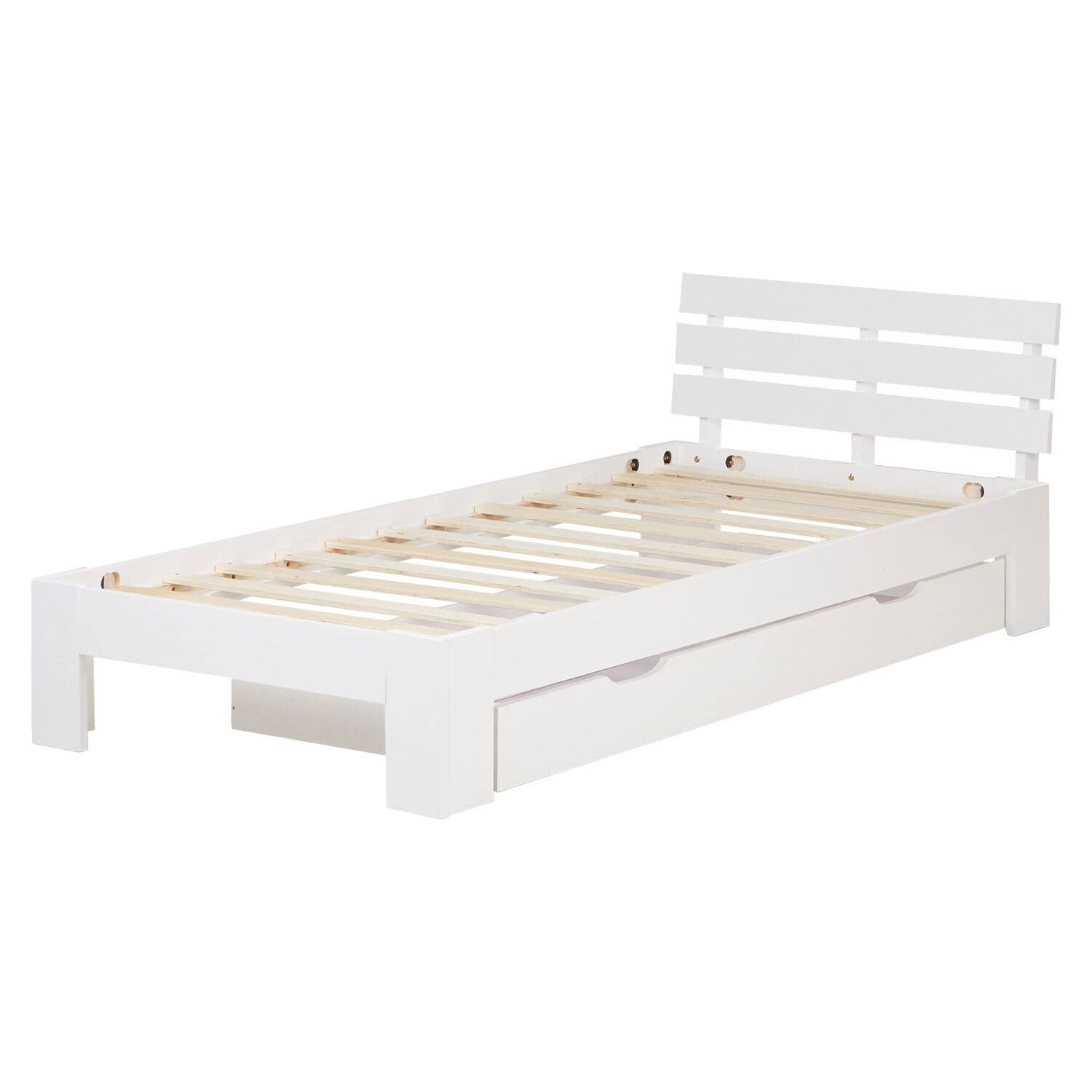 Homestyle4u Holzbett 90x200 Weiß mit Lattenrost, Jugendbett Bettgestell mit Schubladen Stauraumbett, Massivholz Kiefer Einzelbett, 2291