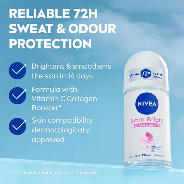 NIVEA Extra Bright 8 Super Food Vitamin C Collagen Booster Underarm Roll-On Deodorant, Alcohol-Free, 72HR Odor Protection, Smooth & Bright Skin, 50ml, 1.69oz, Pack of 3 - Image 4