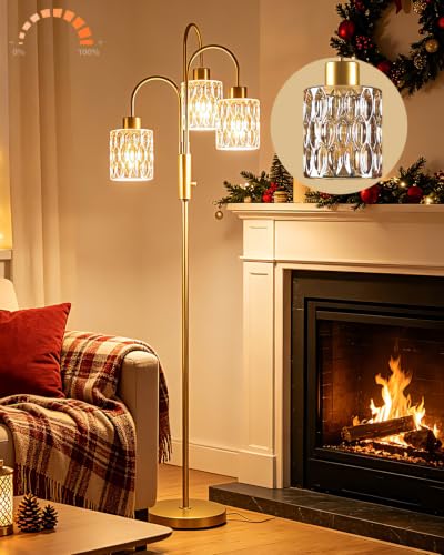 Image of 70 inch Glass Floor Lamp, 3-Light Gold Dimmable Standing Tall Lamp with Amber Ribbed Glass Shades &3PCS 3000K Warm White Bulbs, Modern Tree Pole Lamp for Living Room Bedroom Home Decor