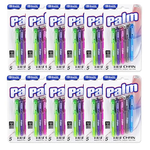 BAZIC Ballpoint Pen Palm Mini Pens w/Key Ring, Black Ink 1.0 mm Bold Point Smooth Writing (5/Pack), 12-Packs