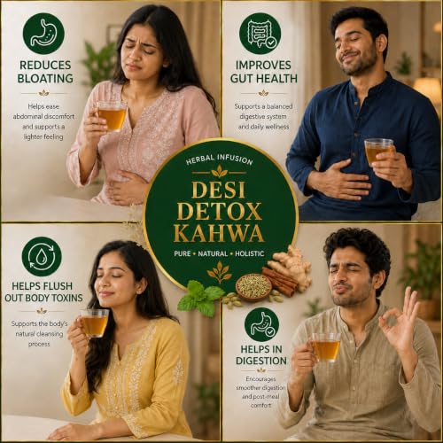 Image of BOVI Desi Detox Kahwa Green Tea, 30 Bags | Caffeine-Free | Helps Support Gut Health, Digestion & Antioxidants