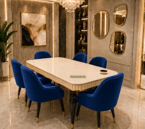 Image of 6 Seater Dining Table Set with 6 Upholstered Chairs Included, Nano Composite Marble Top, Solid Wood Base, 2 Year Warranty - Modern Dining Room Furniture (Blue)