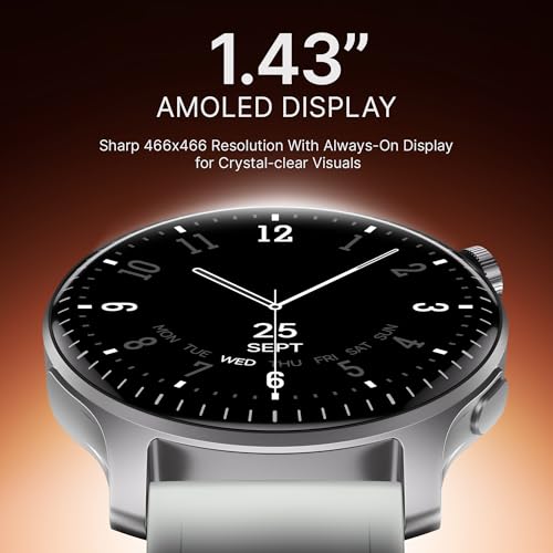 Image of Boat Ultima Prime smartwatch with 1.43 inch AMOLED Display, AOD, Personalized Fitness Nudges, Functional Crown,100+ Sports Modes, Create Your Own Watchface, smartwatch for Man and Woman (Silver Mist)