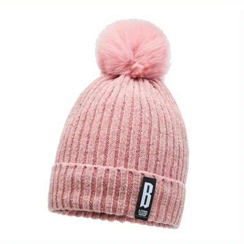 RR DESIGN Winter Warm Wool Pom Pom Hat Soft Thick Knit Acrylic Beanie Hat Caps-Winter Headgear for Girls and Women's (Light Pink) 1