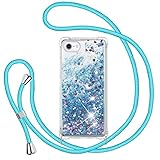 Funda con Cuerda para iPhone SE 2022/SE 2020/iPhone 7/iPhone 8, Carcasa Brillante Transparente TPU Silicona Protección Case con Colgante Correa de Cuello Cadena Cordón, Caso de Arena movediza Azul