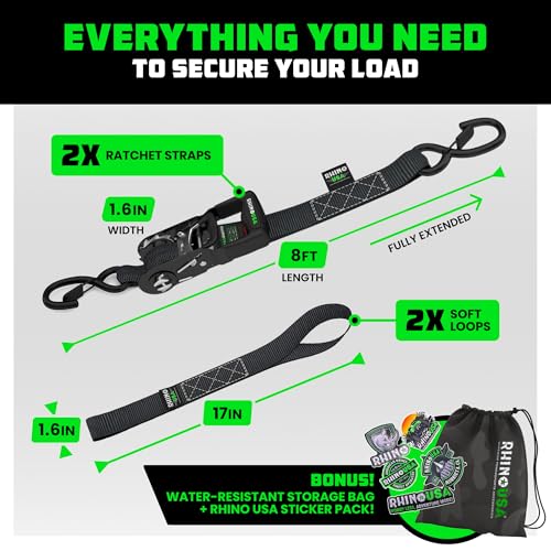Image of Rhino USA Heavy Duty Ratchet Tie Downs (2-Pack) - 1.6in x 8ft, 5,000lb