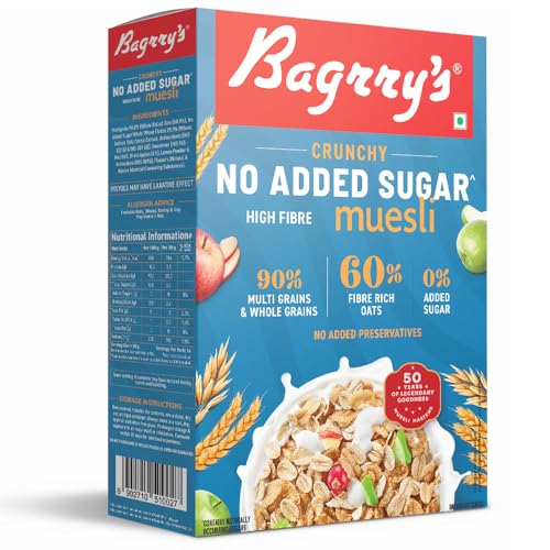 Image of Bagrry's No Added Sugar Muesli 500g | 0% Added Sugar | 90% Whole Grains | High Fibre & Protein | Plant-Based Breakfast Cereal | No Nuts, No Corn Flakes | Ideal for Diabetics & Weight Management | No Preservatives