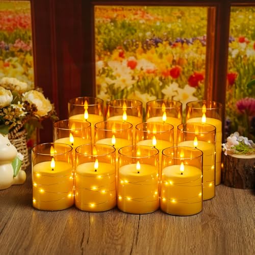 Image of kakoya Flameless LED Candles with Timer 12 Pc Flickering Flameless Candles for Romantic Ambiance and Home Decoration Stable Acrylic Shell,with Embedded Star String,Battery Operated Candles(Gold)