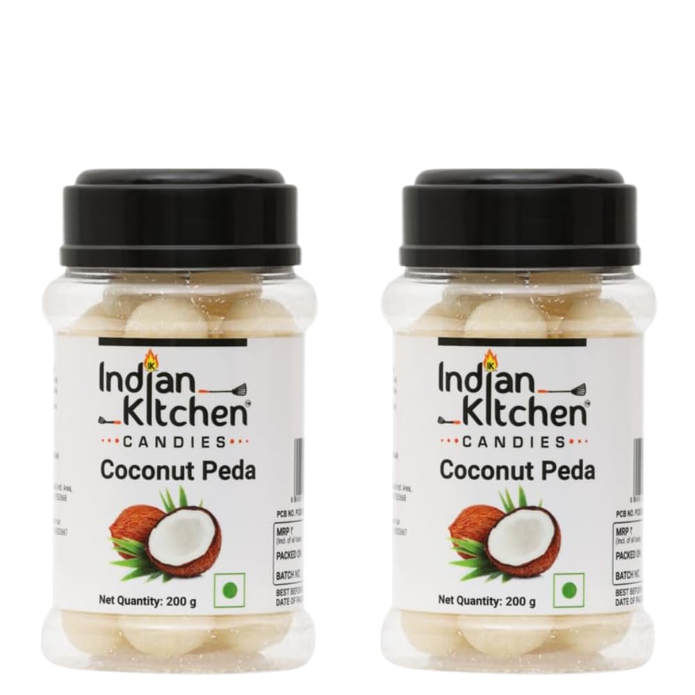 Indian Kitchen Coconut Peda 200g (Pack of 2) | Delicious Nariyal Meethai & Peda | Soft & Chewy Coconut Toffee | Made with Real Coconut | Authentic Indian Sweet