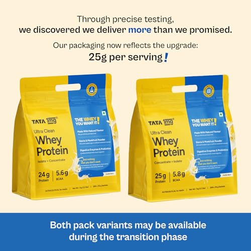 Image of Tata 1mg Ultra Clean Whey Protein Isolate + Concentrate - Vanilla Bean 1kg | 24g Protein, 5.6g BCAA & 30B CFU Probiotics-28 Sachets