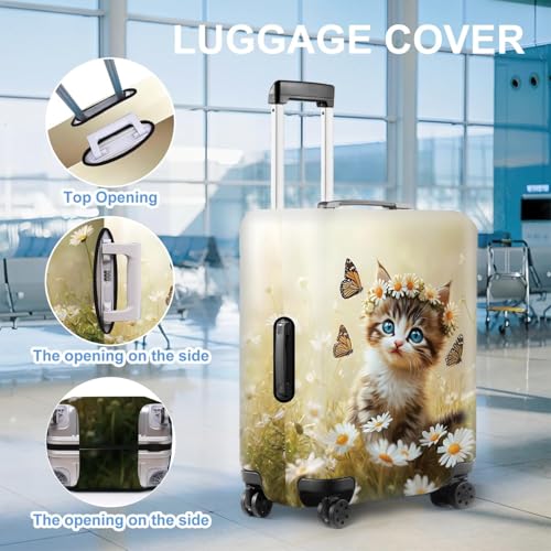 Image of Cute Cat and Butterflies Luggage Cover for 24-26 Inch Suitcase - Colorful Floral Travel Protector with Daisy and Meadow Design - Stretch Washable Luggage Sleeve,M