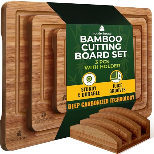 Wood Cutting Board Set of 3 - Sturdy & Easy to Clean Bamboo Wooden Cutting Boards for Kitchen...
