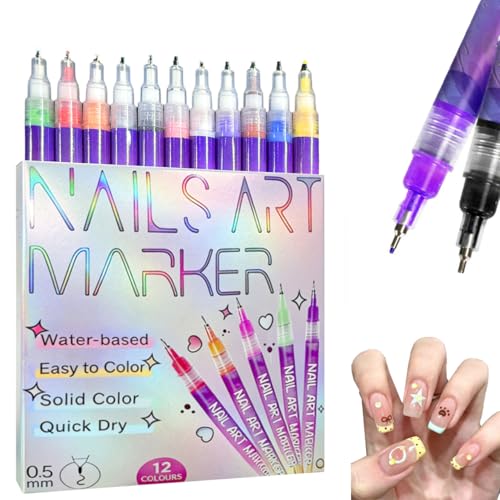 12 Colors Nail Art Marker Pens Set, Nail Markers for Nail Art, Suitable for Nail Art, Nail Painting, And Artistic Decorations; Suitable for Both Children And Adults, Nail Art Pen Set for Beginners