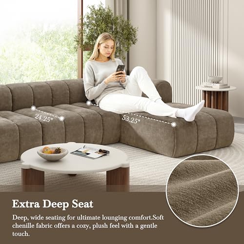 Image of Christopher Knight Home Mania 122 inch Modular L-Shape Sofa Couch with Chaise Lounge, Modern Sectional Sofa Set for Living Room, Boucle Fabric Upholstered Cloud Couch with Deep Seat, Brown