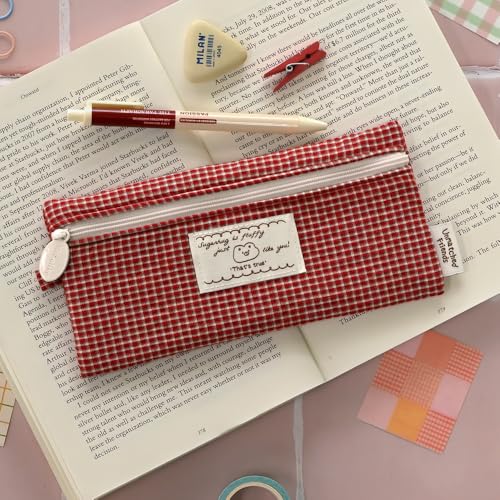 Image of Monolike Unmatched Friends Fabric Check Pencil Case Series. 2, Vintage red - Pencil Pouch, Portable Pencil Bag, Pencil Case, Office Pouch case, Cushion, Soft, Vintage