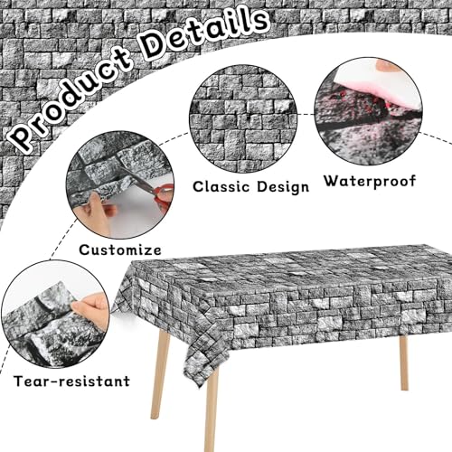 Image of party greeting Brick Stone Wall Tablecloth Roll Disposable Stone Wrapping Plastic Table Cover Castle Backdrop for Halloween Western Birthday Medieval Party Decoration Favors Supplies 100FT x 51 Inch