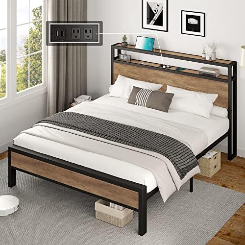 AMERLIFE Queen Size Bed Frame Industrial Platform Bed with Charging Station, 2-Tier Storage Headboard/No Box Spring Needed/Noise-Free/Rustic Brown (Metalbed14C)