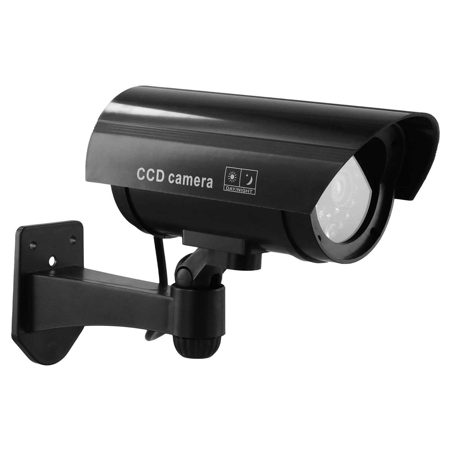 QWORK® 4 Stück schwarze Attrappen-Überwachungskameras mit rotem Blinklicht, wasserdichte Kugelform, für den Innen- und Außenbereich, inklusive CCTV-Schilder und Schrauben, keine Batterien im