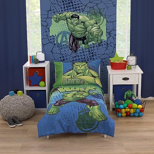 Image of NoJo Marvel The Incredible Hulk Green, and Blue 4 Piece Toddler Bed Set - Comforter, Fitted Bottom Sheet, Flat Top Sheet, and Reversible Pillowcase
