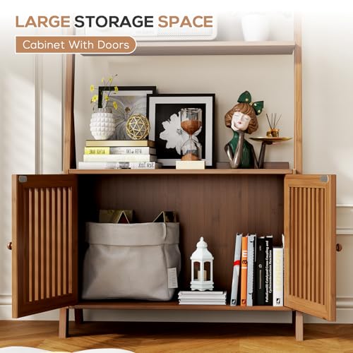 Image of Bookcase with Drawers, 4-Tier Bamboo Bookshelf Ladder Shelf with 6 Hooks, Tall Narrow Retro Book Shelf, 24.8 inchL x 10.6 inchW x 59.5 inchH, Standing Storage Organizer for Living Room, Office, Bedroom, Walnut